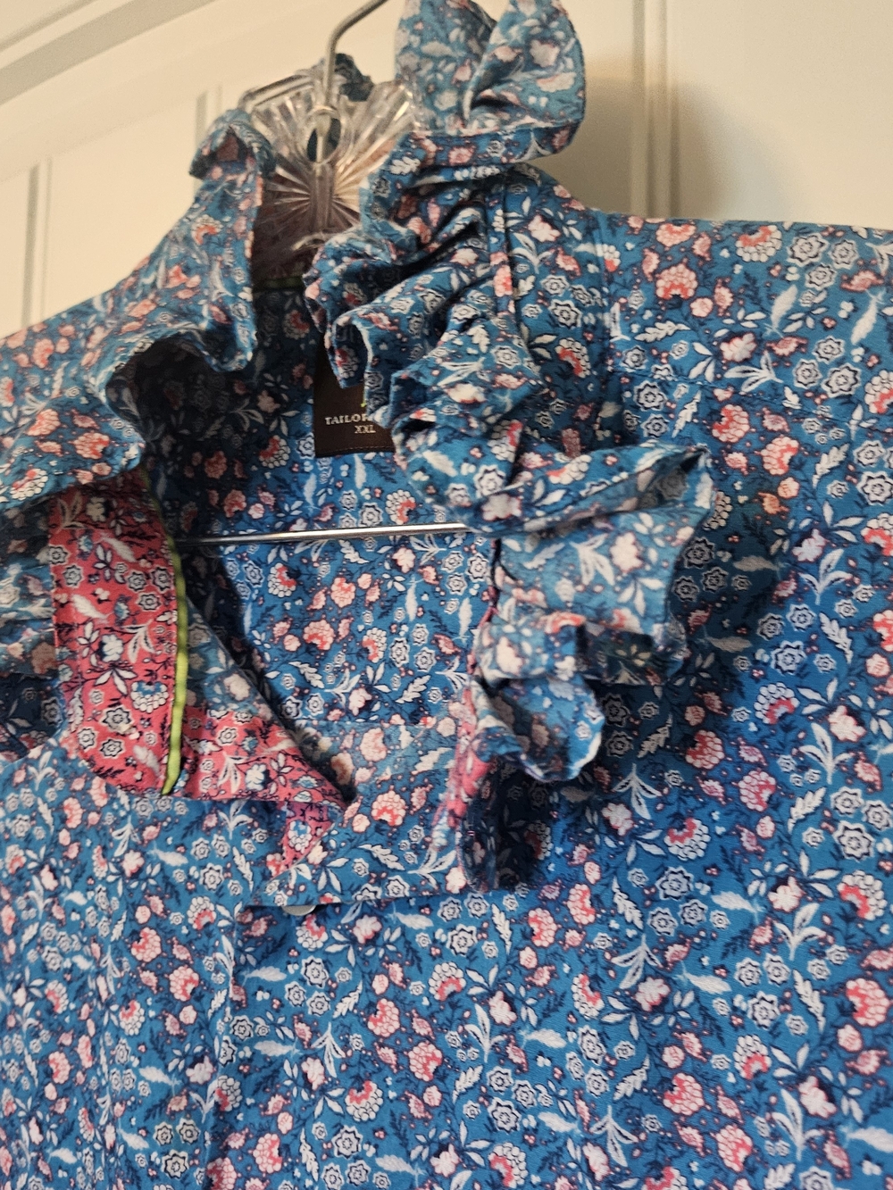 Upcycled Blue Floral Ruffle Button Front Top - Picture 2 of 6